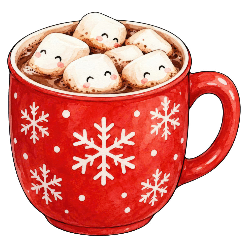 hot chocolate, marshmallows, cocoa, red mug, snowflakes, winter, christmas, holiday, festive, cozy, warm beverage, cute characters, smiling faces, kawaii, whimsical, children's, seasonal, comfort theme, kitchen, home decor, bright red, cream white, hot cocoa party, winter wonderland, christmas morning, traditional holiday, cheerful, playful