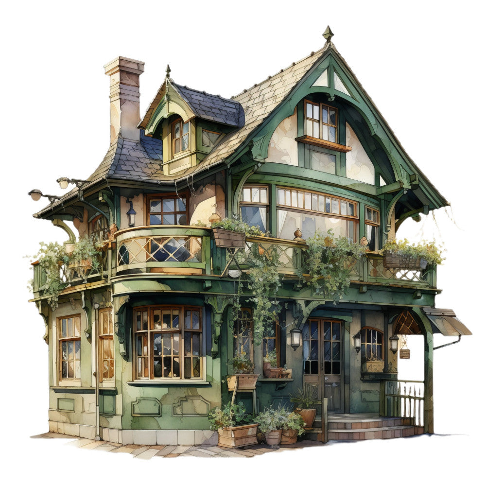 cottage core, victorian architecture, fantasy house, storybook, forest green, cream, sage green, tan, charcoal gray, woodland, whimsical, vintage, rustic, enchanted, fairy tale, detailed illustration, architectural, botanical elements, ivy, potted plants, decorative windows, ornate details, fantasy buildings, magical, dreamy, storybook cottage, english countryside, classic literature inspired