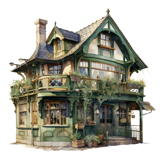 cottage core, victorian architecture, fantasy house, storybook, forest green, cream, sage green, tan, charcoal gray, woodland, whimsical, vintage, rustic, enchanted, fairy tale, detailed illustration, architectural, botanical elements, ivy, potted plants, decorative windows, ornate details, fantasy buildings, magical, dreamy, storybook cottage, english countryside, classic literature inspired