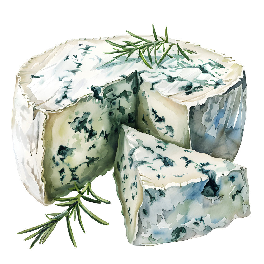 blue cheese, gorgonzola, mold veining, sage green, cream white, teal blue, food illustration, cheese theme, culinary, gourmet, herb garnish, rosemary, sophisticated, elegant, realistic, detailed, culinary arts, food art, kitchen decor, foodie, artisanal, specialty foods, delicatessen, cheese lover, still life, culinary illustration, farm to table, rustic elegant, traditional, appetizer
