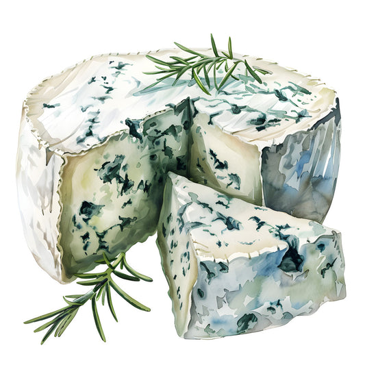 blue cheese, gorgonzola, mold veining, sage green, cream white, teal blue, food illustration, cheese theme, culinary, gourmet, herb garnish, rosemary, sophisticated, elegant, realistic, detailed, culinary arts, food art, kitchen decor, foodie, artisanal, specialty foods, delicatessen, cheese lover, still life, culinary illustration, farm to table, rustic elegant, traditional, appetizer