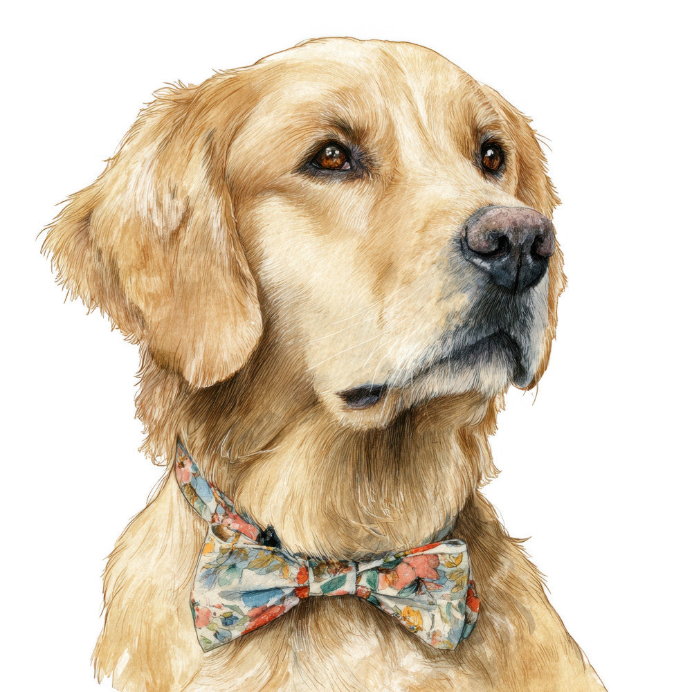 golden retriever, dog portrait, cream, tan, beige, light brown, animals, pets, dog lover, floral bow tie, vintage floral, botanical print, whimsical, charming, adorable, cute, elegant, traditional, gentleman dog, dressed up dog, bowtie, springtime, summer, nature-inspired, wildlife, portrait panel, wall hanging, home decor, dog breeds, labrador