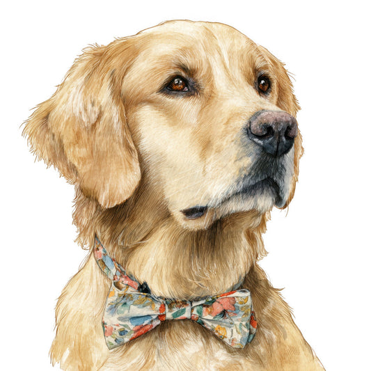 golden retriever, dog portrait, cream, tan, beige, light brown, animals, pets, dog lover, floral bow tie, vintage floral, botanical print, whimsical, charming, adorable, cute, elegant, traditional, gentleman dog, dressed up dog, bowtie, springtime, summer, nature-inspired, wildlife, portrait panel, wall hanging, home decor, dog breeds, labrador