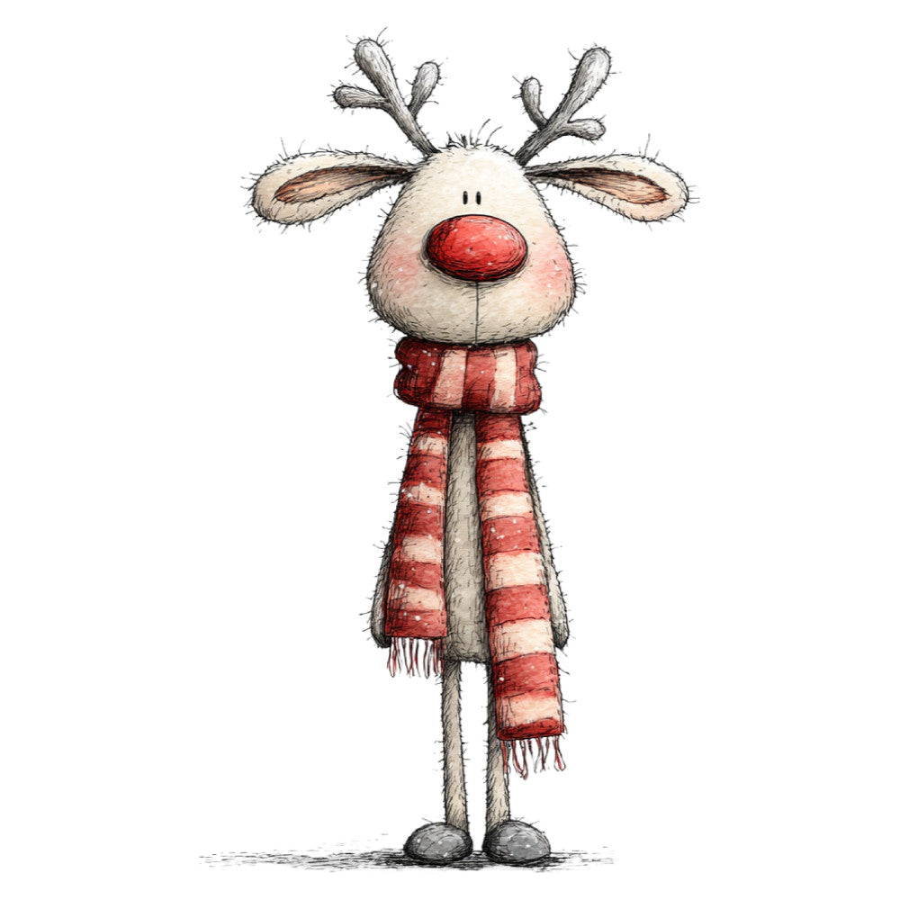 reindeer, rudolph, red nose, holiday, christmas, festive, whimsical, cute, adorable, striped scarf, red and white, cream, tan, gray, winter, seasonal, children's, kids, animal, cartoon style, illustration, playful, decorative, wall hanging, craft, traditional christmas, festive decor, cozy