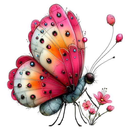 hot pink, coral orange, cream white, gradient ombre, butterfly, flowers, nature, whimsical, fantasy, magical, steampunk, insects, floral, spring, summer, garden, feminine, colorful, artistic, illustration, children's, kid's, novelty, decorative, vibrant, jewel tones, metallic accents, dimensional, detailed, charming