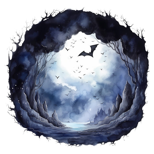 navy blue, dark blue, slate blue, midnight blue, silver, white, celestial, night sky, moonlight, fantasy, mystical, magical, gothic, mysterious, dark fantasy, cave, landscape, scenic, nature, bats, birds, flying creatures, trees, bare branches, water, lake, moody, atmospheric, ethereal, whimsical