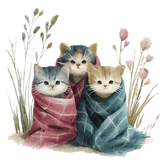 cats, kittens, wrapped blankets, cozy, whimsical, botanical, wildflowers, seed pods, dusty rose, mauve, slate blue, teal, cream, soft colors, watercolor, illustration, nature, garden, animals, spring, gentle, sweet, adorable, children's, playful, rustic, cottage core, bohemian, wall hanging, nursery