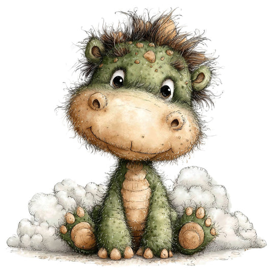 sage green, cream, tan, brown, whimsical, creature, monster, fantasy, children's, cute, playful, soft, gentle, charming, character, textured, bumpy, fuzzy, animal, friendly face, quirky, storybook, nursery, baby, kids, illustration, watercolor, cottage core, magical