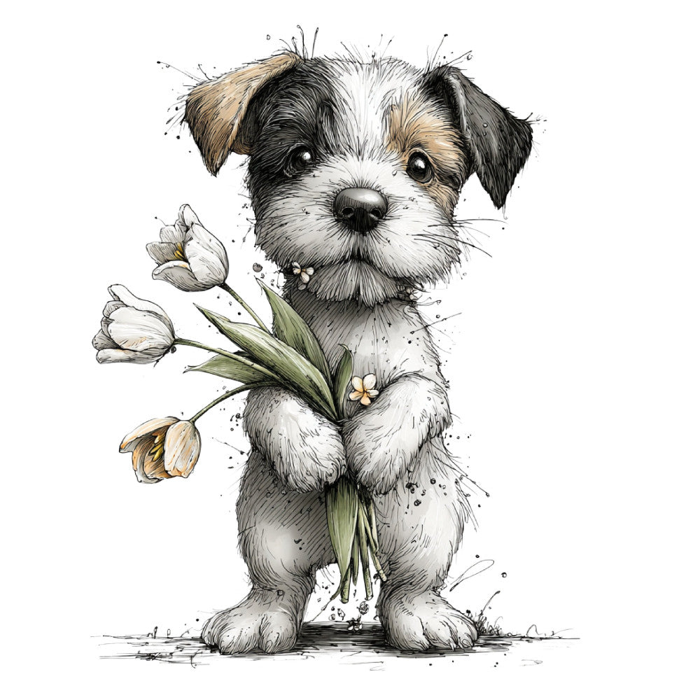 puppy, dog, cute animals, flowers, tulips, white flowers, cream, tan, brown, black, charcoal gray, watercolor, whimsical, children's, playful, spring, floral, nature, sweet, gentle, artistic, sketch, illustration, baby, nursery, animal lover, springtime, botanical, tender moments, gift