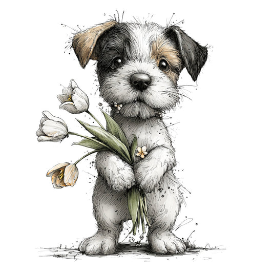 puppy, dog, cute animals, flowers, tulips, white flowers, cream, tan, brown, black, charcoal gray, watercolor, whimsical, children's, playful, spring, floral, nature, sweet, gentle, artistic, sketch, illustration, baby, nursery, animal lover, springtime, botanical, tender moments, gift
