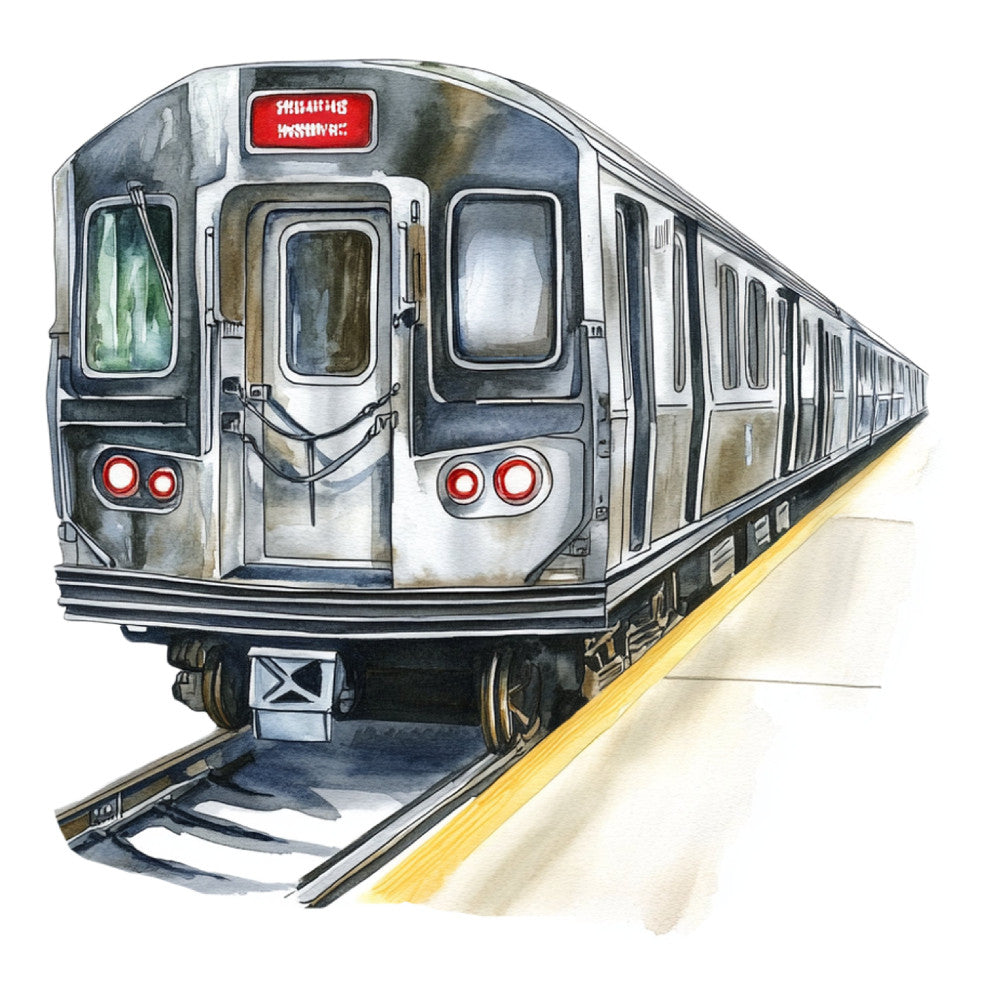 chicago transit authority, red line, subway train, urban transportation, city scene, architectural, steel gray, silver, white, red accents, yellow stripe, modern, transit system, train illustration, metropolitan, industrial style, transportation art, chicago themed, public transit, watercolor style, detailed illustration, commuter culture, train motif, urban architecture, contemporary art, realistic illustration, transportation themed, steel and metal, architectural detail