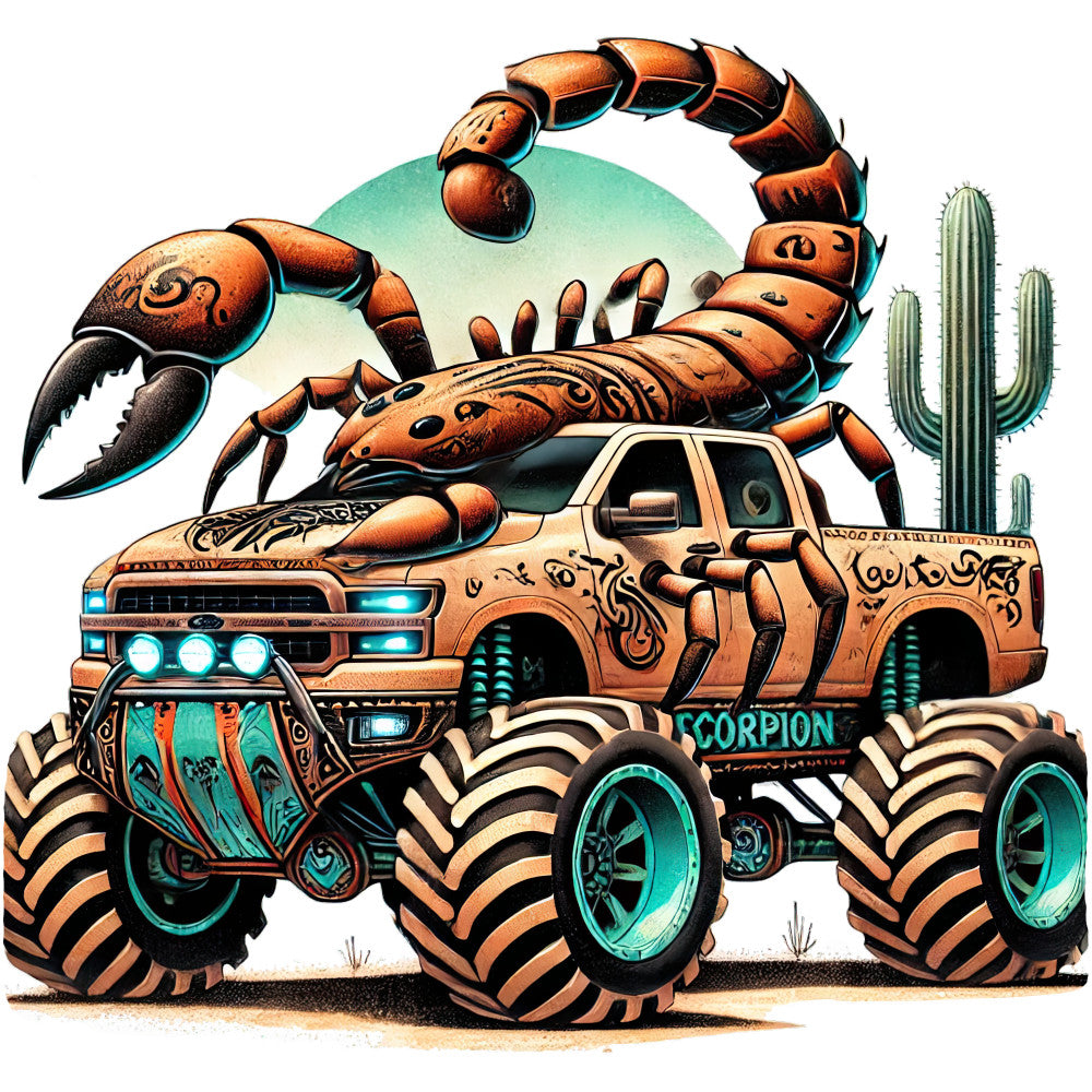 scorpion, desert, cactus, turquoise, copper, bronze, rust orange, teal, tan, beige, mechanical, steampunk, automotive, monster truck, custom car, southwestern, whimsical, bold, vibrant, metallic accents, ornate details, desert theme, nature-inspired, adventure, masculine, statement piece, wall hanging, truck enthusiast, unique design, decorative panel