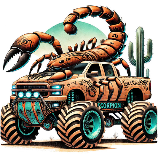 scorpion, desert, cactus, turquoise, copper, bronze, rust orange, teal, tan, beige, mechanical, steampunk, automotive, monster truck, custom car, southwestern, whimsical, bold, vibrant, metallic accents, ornate details, desert theme, nature-inspired, adventure, masculine, statement piece, wall hanging, truck enthusiast, unique design, decorative panel