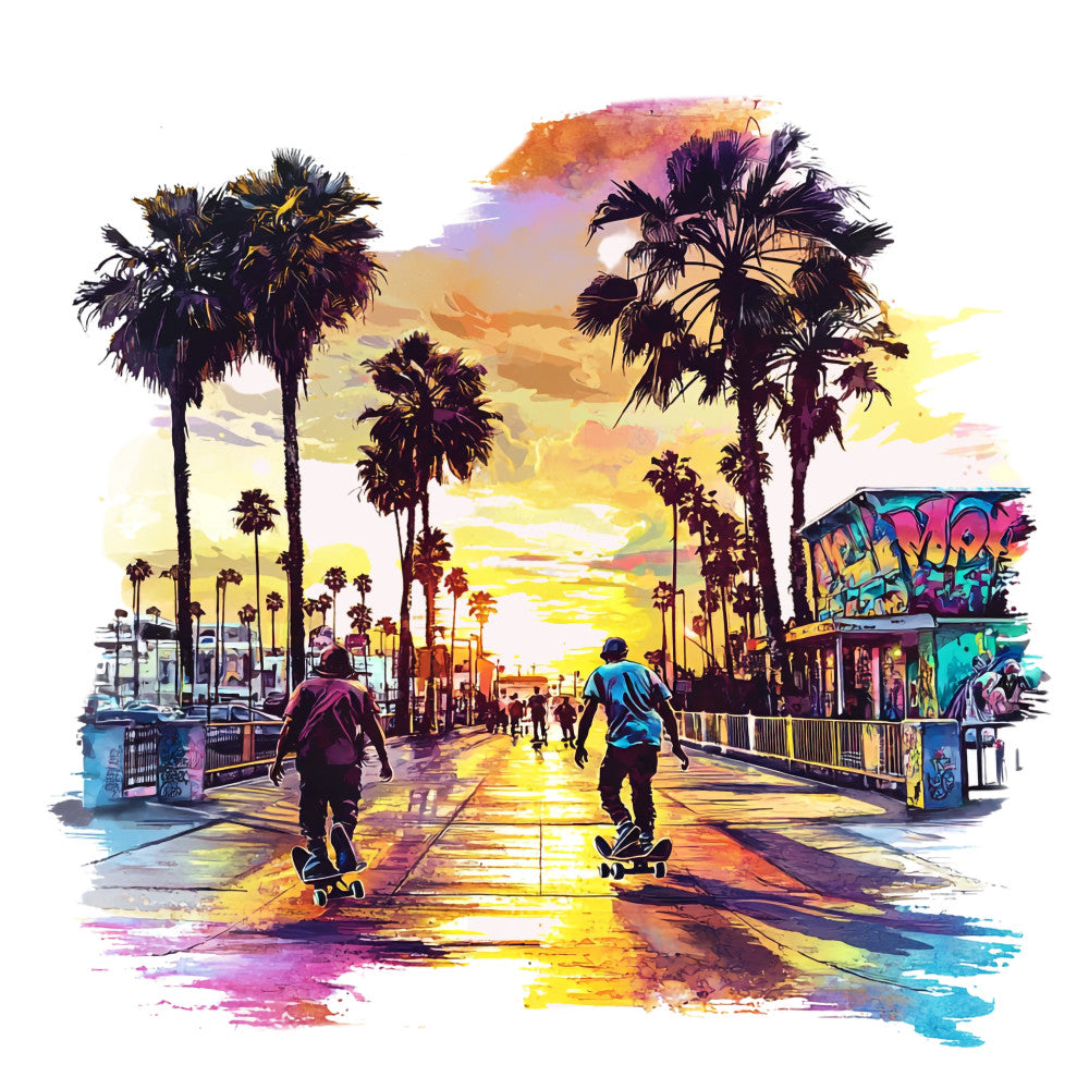 california scene, palm trees, skateboarding, sunset colors, orange, purple, yellow, pink, turquoise, watercolor style, beach boardwalk, silhouettes, tropical vibes, street art, graffiti, fabric panel, quilting cotton, summer theme, urban landscape, golden hour lighting