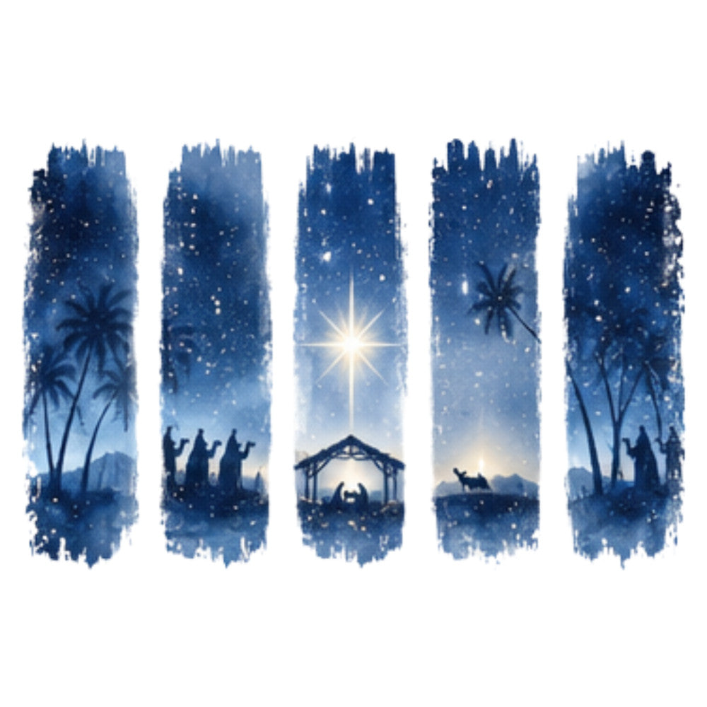 navy blue, winter blue, deep blue, icy blue, starry night, celestial, nativity, christmas, holy night, religious, star of bethlehem, wise men, manger scene, palm trees, desert landscape, starlight, nighttime, spiritual, holiday, winter, elegant, peaceful, serene, traditional, religious nativity scene, nativity panel, christmas religious, starry, snowy, luminous star