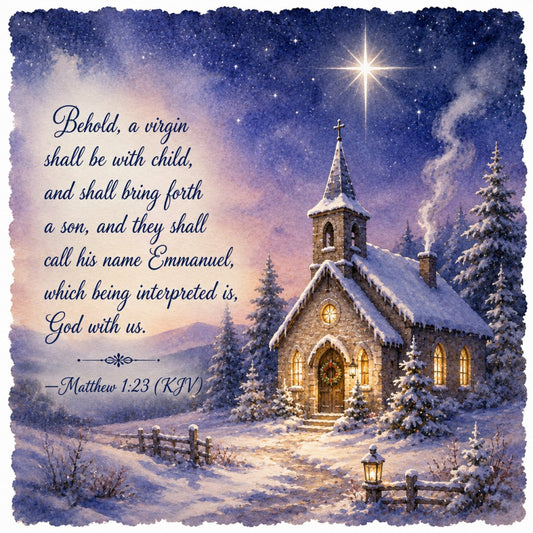 winter scene, snowy landscape, christmas, religious, nativity, church, starry night, celestial, navy blue, deep blue, purple, lavender, cream, gold, script text, scripture, matthew 1:23, emmanuel, snow-covered trees, winter forest, starlight, peaceful, spiritual, traditional, elegant, holiday, religious text, spiritual message, winter cabin, festive