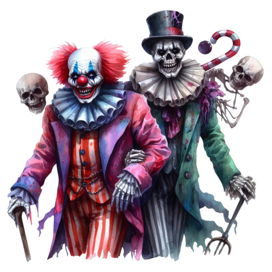 spooky, halloween, skull, clown, skeleton, top hat, candy cane, creepy, dark, gothic, horror, theatrical, undead, red, purple, blue, green, black, striped, whimsical, eerie, macabre, circus, haunted, autumn, fall, costume, dark fantasy, bone, metallic accents