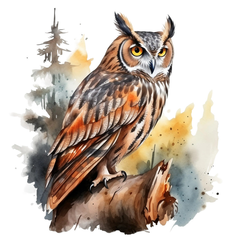 watercolor owl, brown feathers, orange accents, yellow eyes, ear tufts, fabric panel, quilting cotton, forest background, pine trees, autumn colors, woodland creature, bird illustration, painterly style, nature scene, rustic charm, outdoor theme, wildlife art, soft watercolors, tree stump perch, artistic rendering