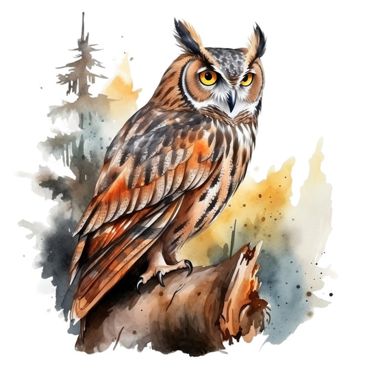 watercolor owl, brown feathers, orange accents, yellow eyes, ear tufts, fabric panel, quilting cotton, forest background, pine trees, autumn colors, woodland creature, bird illustration, painterly style, nature scene, rustic charm, outdoor theme, wildlife art, soft watercolors, tree stump perch, artistic rendering