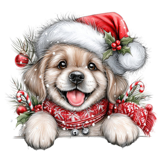 christmas dog, holiday puppy, festive dog, red santa hat, white fluffy dog, cavalier king charles spaniel, cute dog face, candy cane, holly berries, red plaid scarf, snow white, cream tan brown, holiday animals, christmas pets, whimsical dog, traditional christmas, seasonal dog, winter holiday, red and white, joyful expression, smiling puppy, festive scarf, decorative dog portrait, christmas spirit, family friendly, cheerful holiday