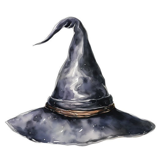 wizard hat, witch hat, magical, enchanted, dark navy, deep purple, charcoal gray, silver accents, gold trim, celestial, mystical, whimsical, fantasy, stars, speckled, watercolor, dreamy, halloween, witchy, dark academia, elegant, gothic, moon and stars, pointed hat, magical theme, fantasy theme, costume, spell-themed, potion, enchantment