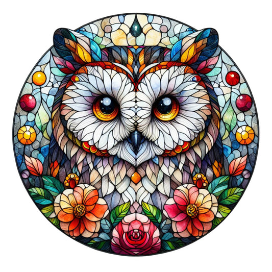 stained glass, owl, circular panel, mandala, vibrant colors, orange eyes, white feathers, floral border, geometric patterns, red flowers, blue accents, yellow highlights, green leaves, purple tones, decorative motifs, symmetrical design, nature themed, quilting fabric, cotton panel, kaleidoscope effect
