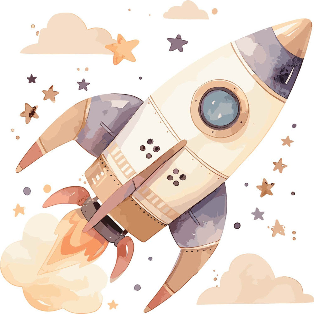 rocket, space, stars, clouds, celestial, whimsical, adventure, children, kids, baby, nursery, tan, cream, beige, coral, dusty purple, rust orange, soft colors, pastel, playful, illustrated, vintage, retro, boy, gender neutral, space exploration, fantasy