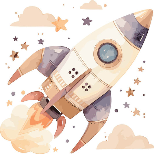 rocket, space, stars, clouds, celestial, whimsical, adventure, children, kids, baby, nursery, tan, cream, beige, coral, dusty purple, rust orange, soft colors, pastel, playful, illustrated, vintage, retro, boy, gender neutral, space exploration, fantasy