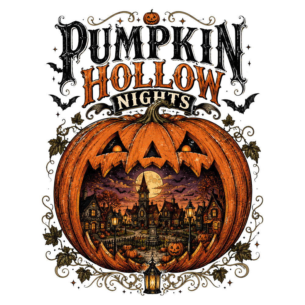 halloween, pumpkin hollow nights, jack-o-lantern, haunted house, full moon, autumn, fall, orange, black, cream, gothic, spooky, festive, decorative, whimsical, vintage, traditional, bats, stars, lantern, pumpkins, ivy leaves, decorative flourishes, seasonal, holiday, trick-or-treat, wall hanging, home decor, dark orange, charcoal black