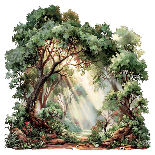 forest green, sage green, cream, tan, brown, rust, woodland, nature, trees, forest scene, landscape, scenic, sunlight rays, mystical, enchanted, whimsical, botanical, foliage, undergrowth, peaceful, serene, classic, traditional, illustration, storybook, fantasy, adventure, outdoor, natural