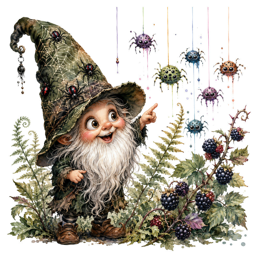 gnome, whimsical, spider, insects, berry, blackberry, nature, botanical, forest green, olive green, cream, purple, blue, orange, vintage, woodland, magic, fantasy, hanging spiders, ferns, autumn, halloween, cottage core, folk art, storybook, enchanted, quirky, playful, rustic, traditional