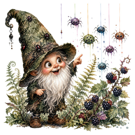 gnome, whimsical, spider, insects, berry, blackberry, nature, botanical, forest green, olive green, cream, purple, blue, orange, vintage, woodland, magic, fantasy, hanging spiders, ferns, autumn, halloween, cottage core, folk art, storybook, enchanted, quirky, playful, rustic, traditional