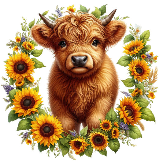 Rustic Sunflower Highland Cows Fabric Panel 26
