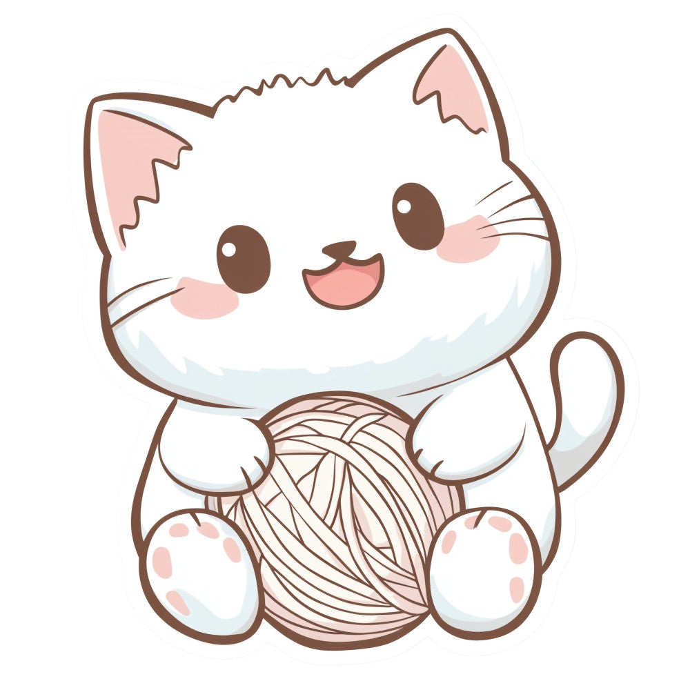 cute cat, kawaii, white cat, brown and white, cream colored, pink accents, pastel colors, soft colors, smiling cat, happy expression, playful, whimsical, children's fabric, baby fabric, animal theme, cat lover, adorable, sweet, gentle style, nursery decor, baby quilt, children's quilt, kid's fabric, character panel, illustrated cat, cartoon style, child-friendly, lovable character
