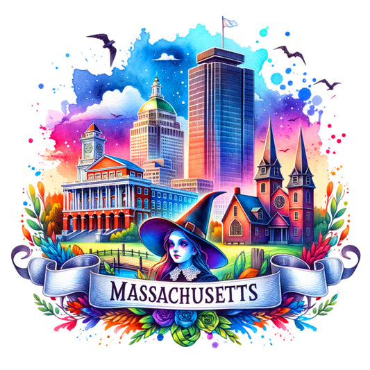 US States Retro Travel Fabric Panel 41 featuring vibrant Massachusetts landmarks and colorful artistic design on premium quilting cotton.