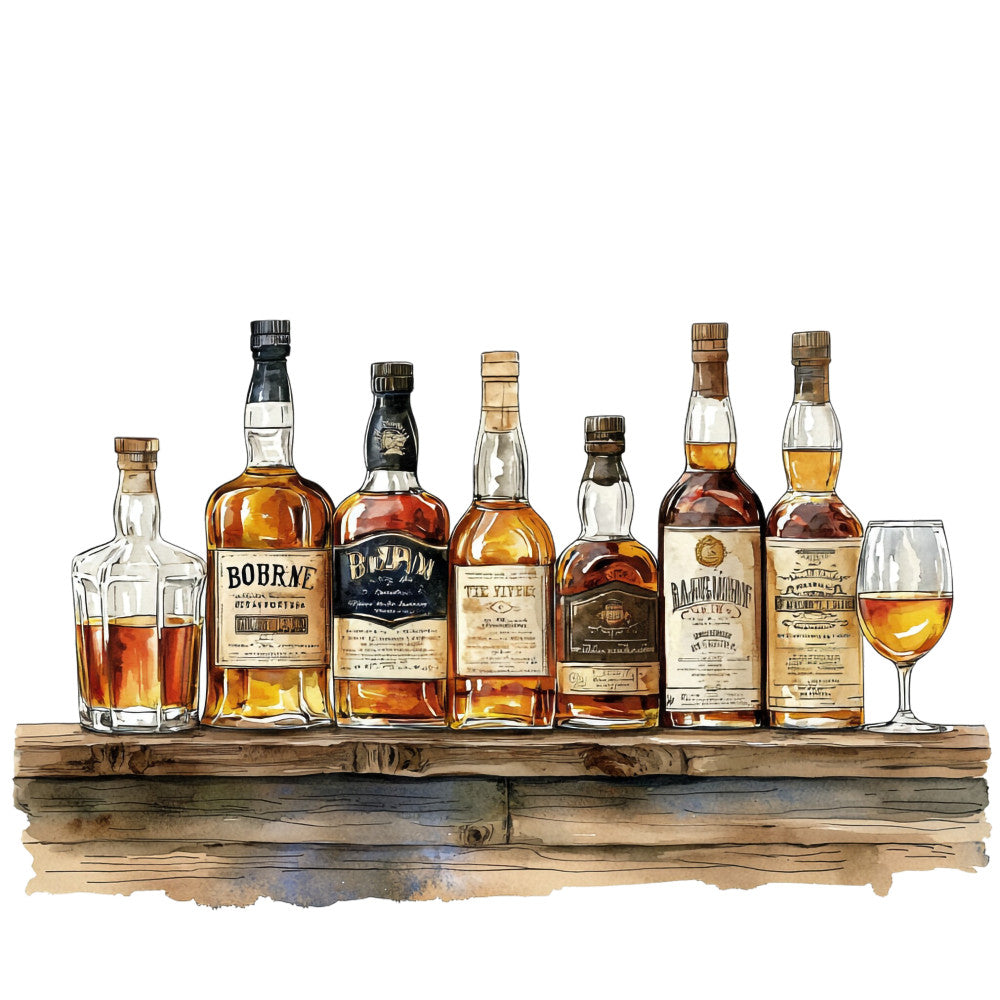 bourbon bottles, whiskey collection, amber liquid, golden brown, rustic wood shelf, glass tumbler, watercolor style, alcohol themed, distillery art, bar scene, warm tones, fabric panel, quilting cotton, masculine design, vintage bottles, spirit collection, wooden textures, drinking glass, liquor display, earthy colors
