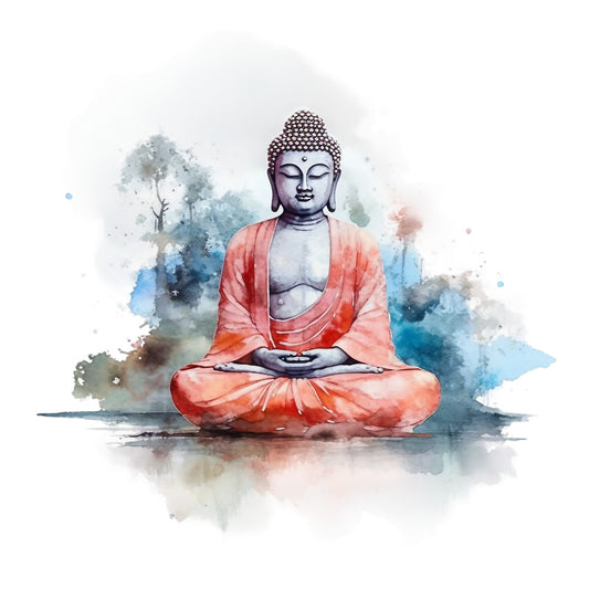 watercolor, buddha, meditation, spiritual, coral orange, blue gray, peaceful, serene, lotus position, eastern art, fabric panel, quilting cotton, zen, mindfulness, soft pastels, abstract background, sitting figure, tranquil, buddhist imagery, artistic print