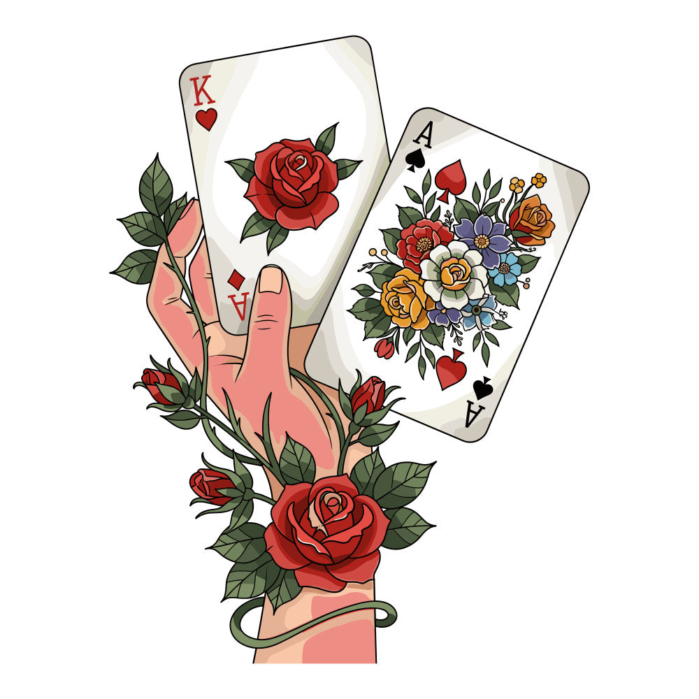red roses, playing cards, king of hearts, ace of spades, floral bouquet, hand holding cards, rose vines, green leaves, pink skin tones, white card background, botanical elements, vintage illustration style, fabric panel, quilting cotton, gaming theme, flower artwork, decorative roses, card suits, artistic hand, nature motifs