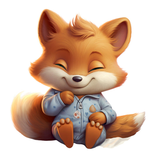 fox, baby animal, pajamas, sleepwear, orange fur, white chest, blue nightgown, hearts pattern, adorable, cute, whimsical, cartoon style, digital art, nursery theme, children's fabric, fabric panel, quilting cotton, soft illustration, peaceful, cozy