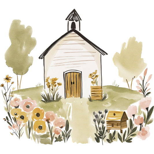 small church, countryside, rural landscape, farmhouse, cottage core, pastoral, wildflower, golden yellow, cream, sage green, dusty rose, blush pink, watercolor, folk art, whimsical, rustic, vintage, spring, garden, flowers, nature, religious, peaceful, pastoral scene, country charm, cottage aesthetic, hand painted style, soft colors, traditional, storybook illustration