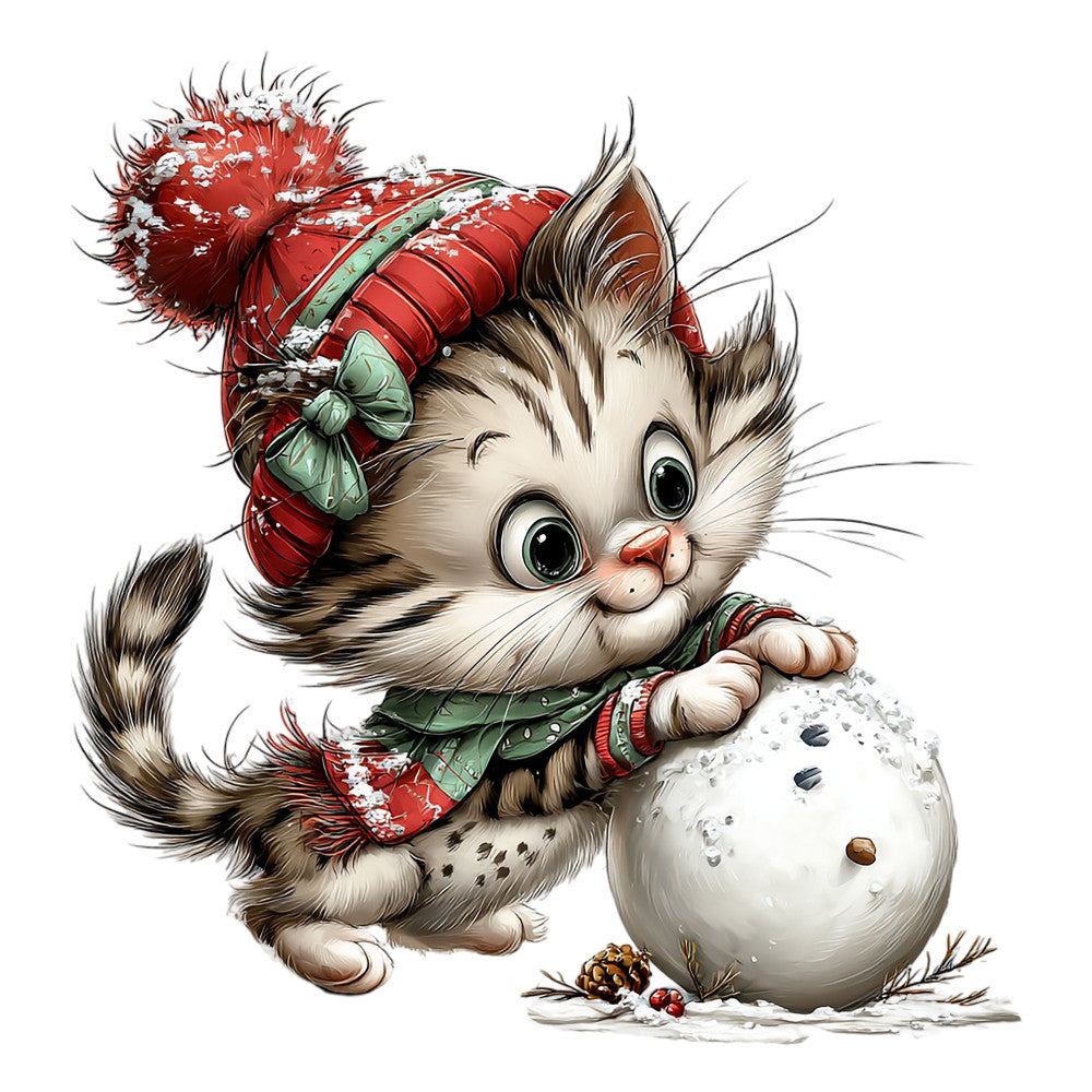 kitten, cat, christmas, holiday, winter, snow, snowball, red, cream, white, green, festive, whimsical, cute, adorable, animal, seasonal, vintage style, traditional, cheerful, playful, decorative, panel, snow scene, festive animals, holiday animals, christmas animals, winter animals, soft style, charming