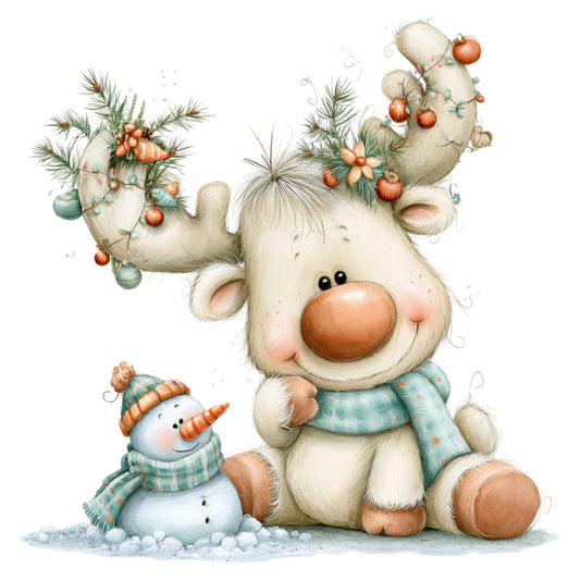 cream, white, rust orange, sage green, teal blue, soft pink, christmas, holiday, reindeer, snowman, festive, whimsical, cute, charming, winter, seasonal, animals, nature, evergreen branches, ornaments, bells, decorative, playful, children's, nursery, joy, cheerful, traditional, nostalgic