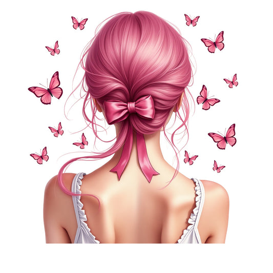 pink hair, butterflies, ribbon bow, back view, feminine figure, soft pastels, romantic style, whimsical art, updo hairstyle, flowing hair, delicate butterflies, satin ribbon, dreamy illustration, fabric panel, quilting cotton, blush tones, rose pink, magenta shades, elegant styling, fantasy artwork