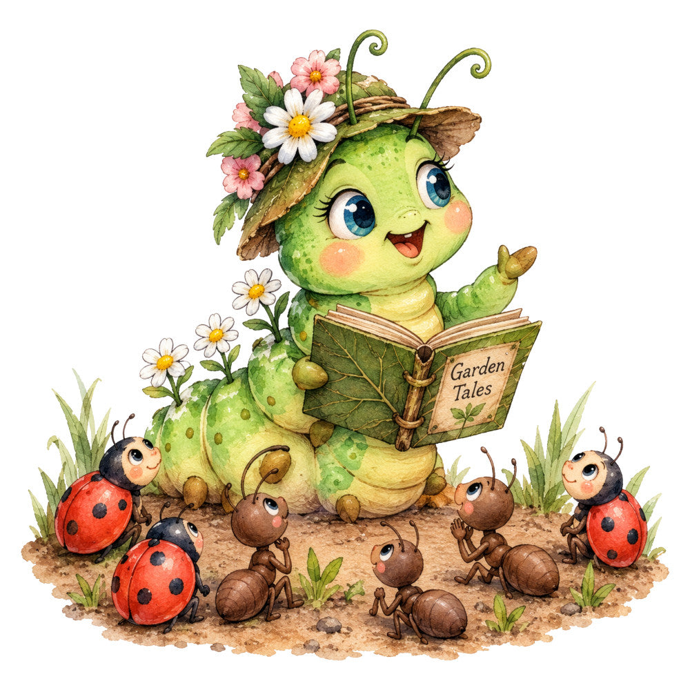 lime green, pale yellow, coral pink, white, soft brown, garden themed, whimsical, nature, insects, ladybugs, ants, caterpillar, flowers, daisies, children's, storybook, reading, charming, illustrative, cute animals, spring, summer, pastel colors, pastoral, playful, fantasy, woodland creatures, floral accents, garden tales, cheerful