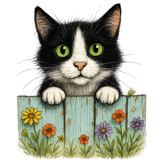 black and white cat, green eyes, tuxedo cat, floral, flowers, garden, nature, animals, cats, whimsical, charming, rustic, farmhouse, cottage core, spring, summer, yellow flowers, orange flowers, purple flowers, light blue fence, weathered wood, grass, cute, playful, folk art, illustrated, decorative panel, home decor