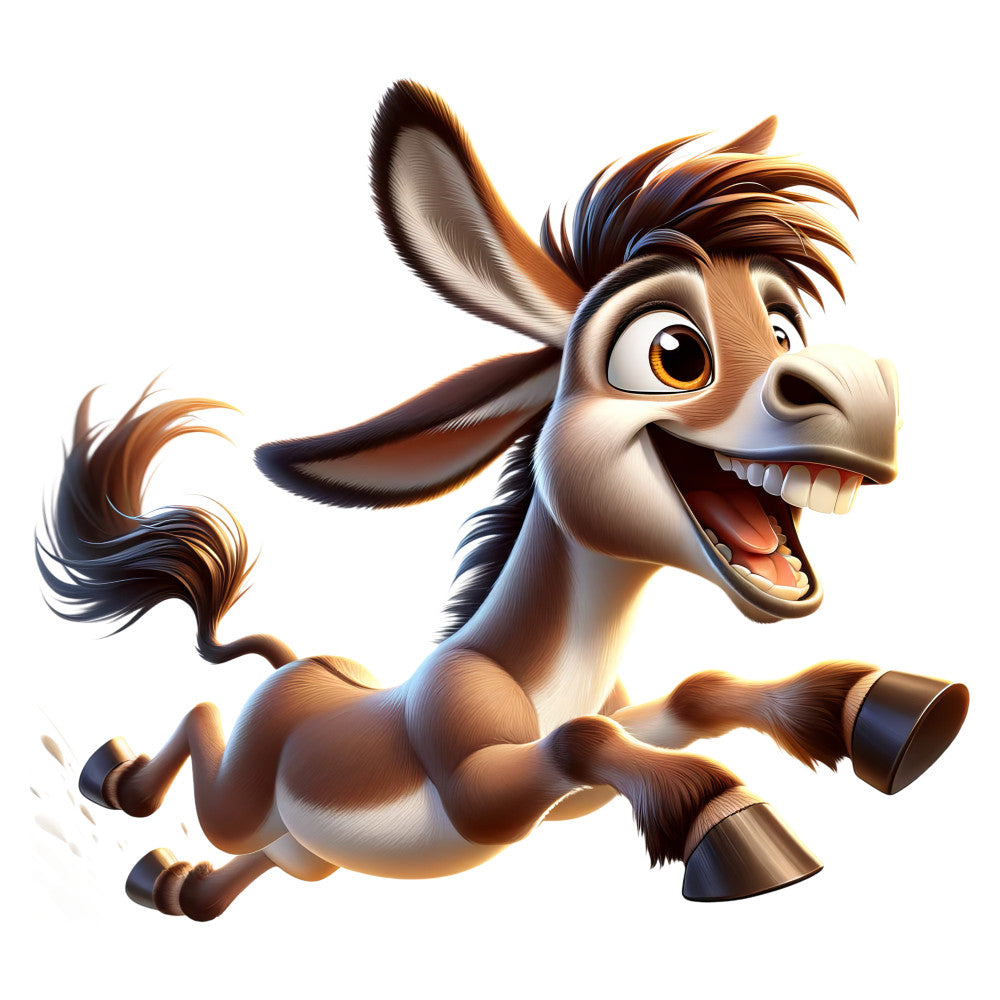 cartoon donkey, whimsical animal, brown and white, cream colored, tan and chocolate, expressive character, playful expression, children's theme, kids fabric, animated style, cheerful design, smiling donkey, farm animal, character print, fun and lively, bright orange eyes, modern cartoon, child-friendly, playful theme, animal motif, adventure theme, lighthearted style, energetic character, family-friendly, novelty print, action pose, entertaining design, youth appeal