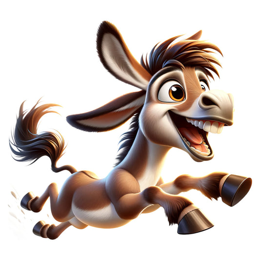 cartoon donkey, whimsical animal, brown and white, cream colored, tan and chocolate, expressive character, playful expression, children's theme, kids fabric, animated style, cheerful design, smiling donkey, farm animal, character print, fun and lively, bright orange eyes, modern cartoon, child-friendly, playful theme, animal motif, adventure theme, lighthearted style, energetic character, family-friendly, novelty print, action pose, entertaining design, youth appeal