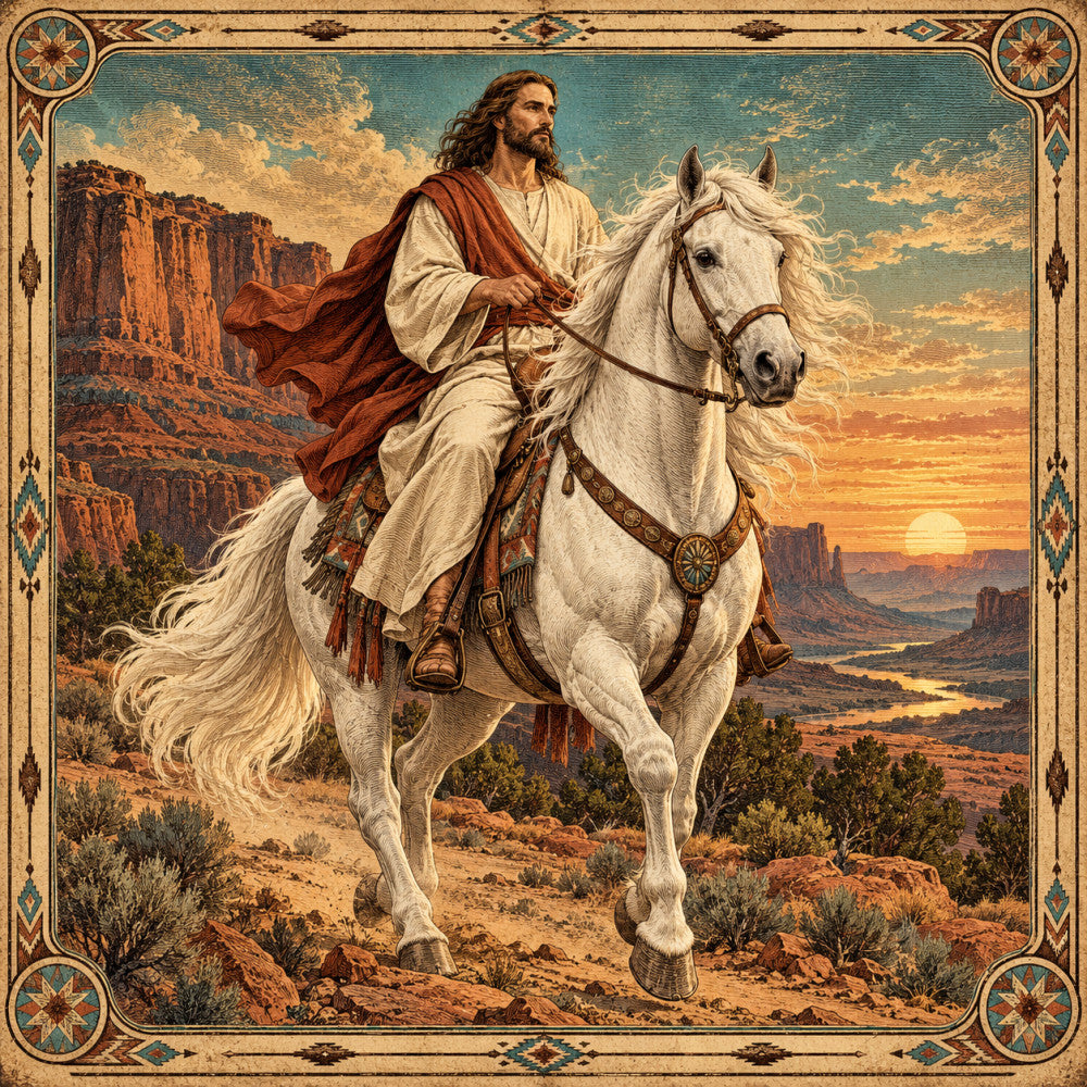 western, desert landscape, native american, southwestern, turquoise, rust, cream, tan, sand, burnt orange, gold, sunset, horse, white horse, rider, long-haired man, biblical, spiritual, inspirational, vintage, traditional, ornate border, decorative frame, Native American inspired, boho, bohemian, rustic, equestrian, scenic, landscape