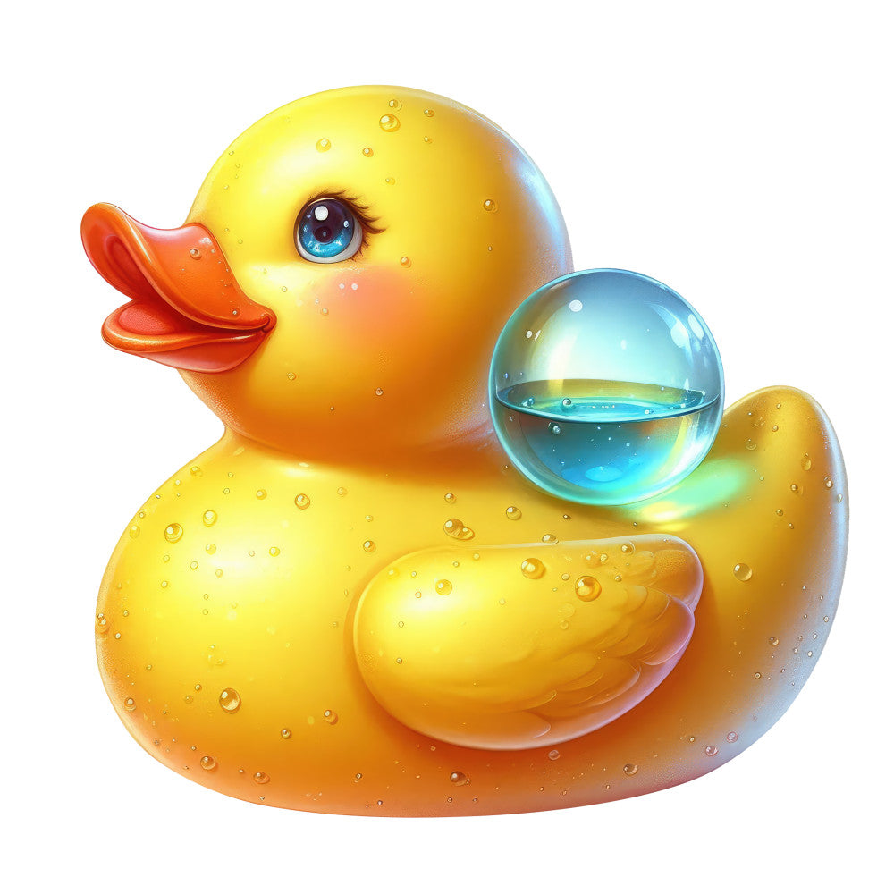 bright yellow, golden yellow, orange, coral orange, blue, turquoise, water bubble, rubber duck, bath duck, duckling, whimsical, cute, playful, children's, baby, nursery, animal, bath theme, water droplets, bubble, glossy, shiny, transparent sphere, bath time, summer, cheerful, vibrant, illustrated, digital art style, bath toy