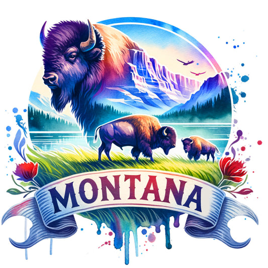 US States Retro Travel Fabric Panel 24 featuring Montana with bison, mountains, and nature in vibrant quilting cotton print.